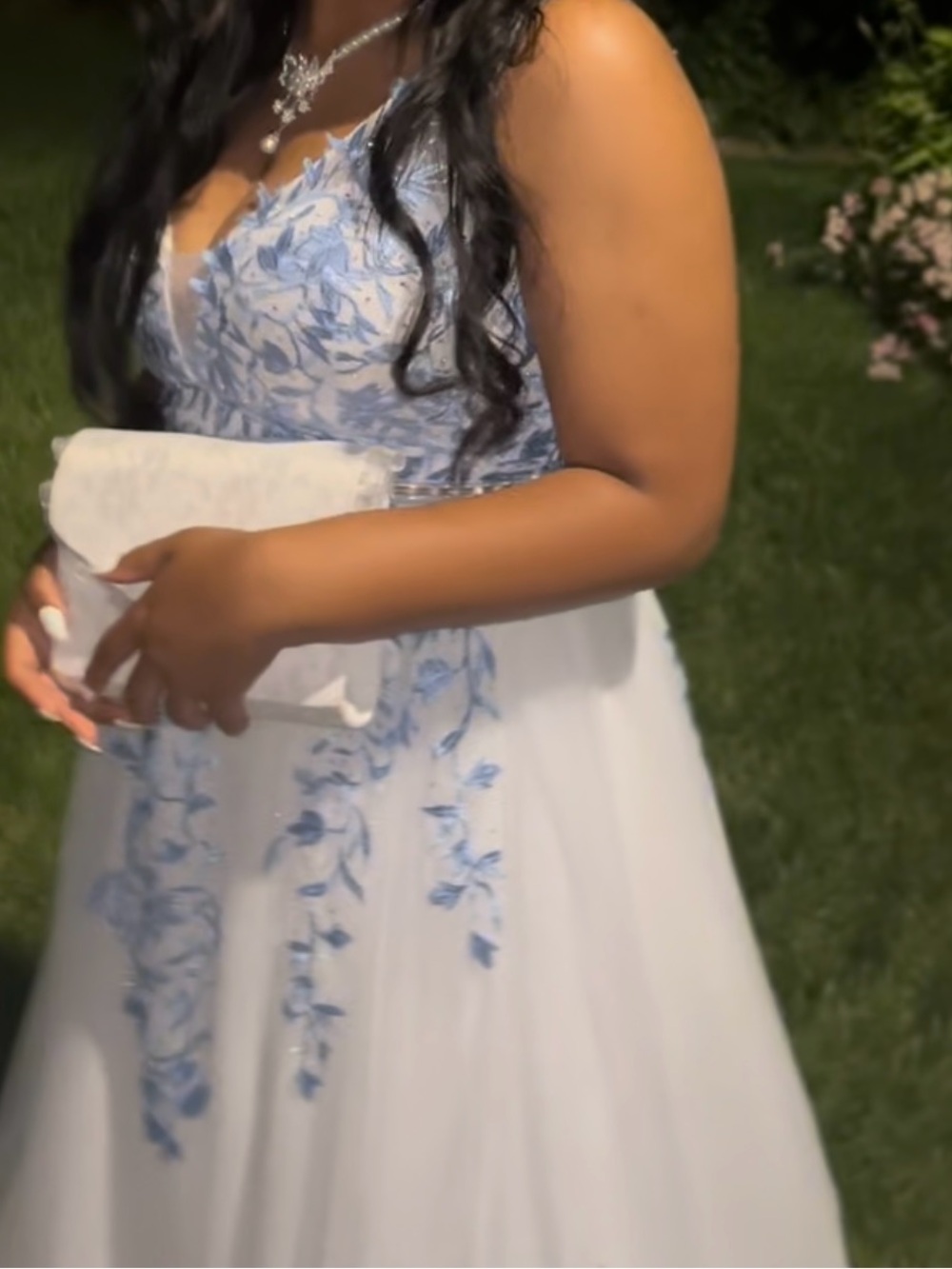White Prom Dress with Light Blue Floral Appliqué and V-Neck